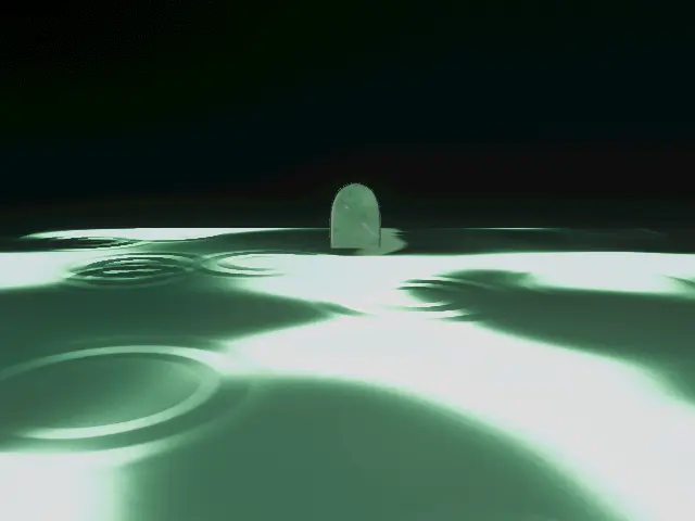 amayadoriのワールドの画像です。黒い背景に緑色の地面が見えます。地面は水面のようで、波紋がいくつもでてきています。奥には緑色の小さなドアが見えます。
