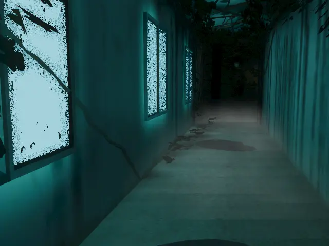 amayadoriのワールドの画像です。建物の中の写真です。青い色の壁と地面には少し霧がでています。天井には少し、草が生い茂っていて、床には水たまりができています。全体的に青の壁が見えます。