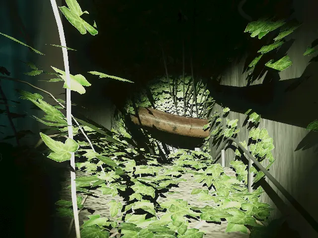 amayadoriのワールドの画像です。建物の中で、草が多い茂っています。ライトが照らされていて、奥には木のようなパイプのようなものが見えます。コードのようなものが何本も奥に向かって走っているのが見えます。