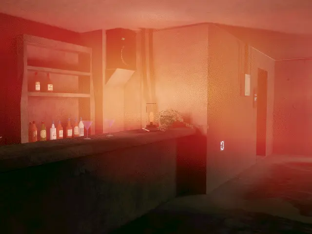 club circlesoundのワールド画像です。コンクリートの建物の中の画像です。赤いランプが照らしていて、バーカウンタがあって、スピーカーとラックと観葉植物が置いてあります。奥には階段も見えます。