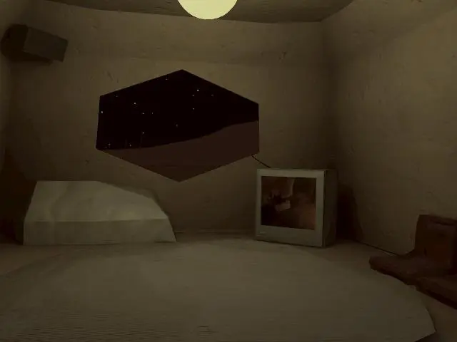 dream/scapeのワールド画像です。建物の中の画像です。マットが敷いてあり窓があります。岩のようなものとTVが置いてあります。