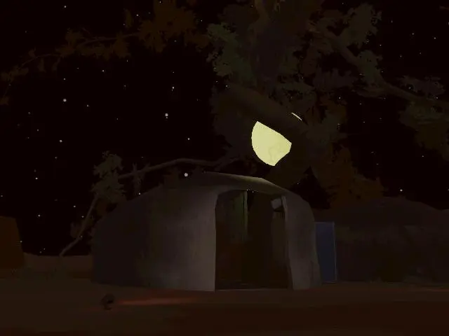 dream/scapeのワールド画像です。建物の入り口付近の画像です。夜空が見えます。手前には洞窟のような形をした建物があります。大きな植物が植えて合って、その中につくのようなものが見えます。
