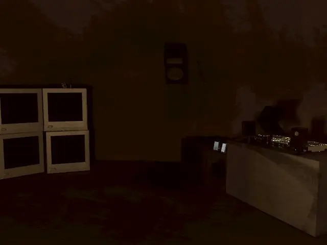 dream/scapeのワールド画像です。建物の中です。DJブースが見えます。TVが4台おいてあって、暗いながらスピーカーが見えます。