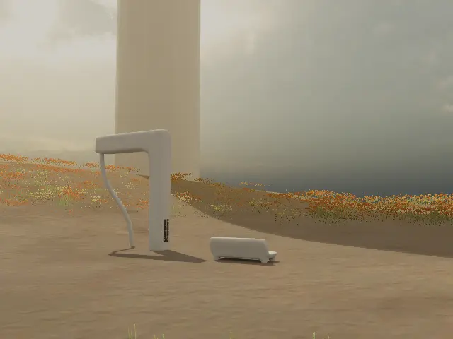 im workingのワールドの画像です。背景は灰色の空で、何か巨大な白い建物が見えます。花畑が広がっていますが、地面は土です。手前に、イスと曲線の不思議なオブジェが、置いてあります。