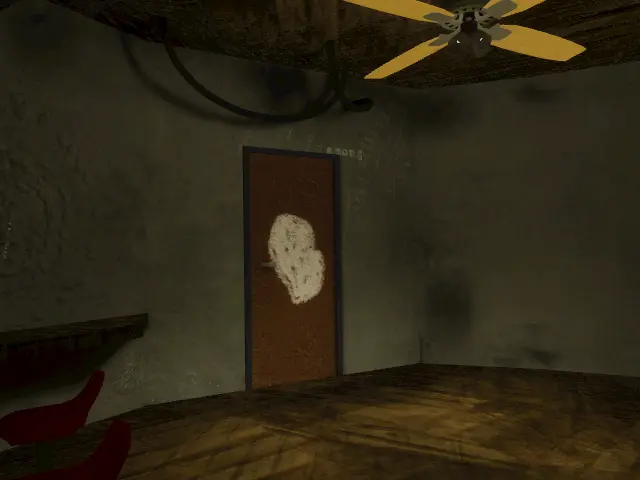 soundscapeのワールドの画像です。灰色の壁に、床と天井は木材です。壁には白色で模様が塗ってあります。ドアに白い色のハートのマークが描いてあります。