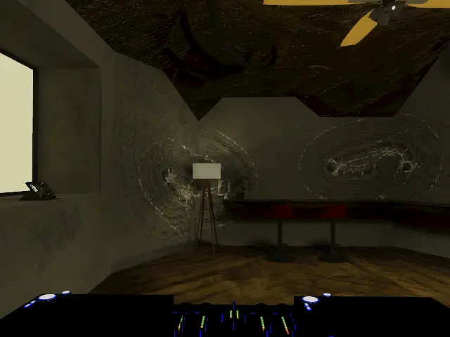 soundscapeのワールドの画像です。DJブースが見えます。灰色の壁に、床と天井は木材です。壁には白色で模様が塗ってあります。奥にはカウンターとライトがあります。左側には窓があります。天井にはシーリングファンが見えます